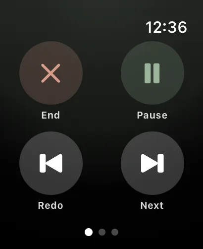 Apple Watch controls during a class: End, Pause, Redo, and Next