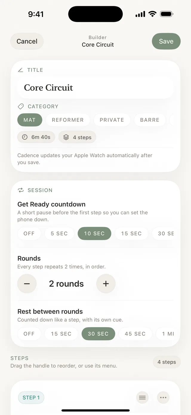 Session options in the builder: Get Ready countdown of 10 seconds, 2 rounds, and 30 seconds rest between rounds