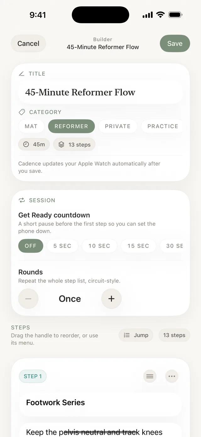The Cadence builder editing a 45-minute reformer flow: title, category chips, session options, and the step list