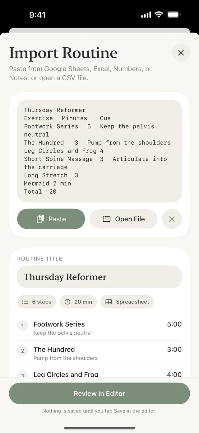 Import Routine on iPhone: a pasted spreadsheet of moves and minutes, parsed into a six-step routine ready to review