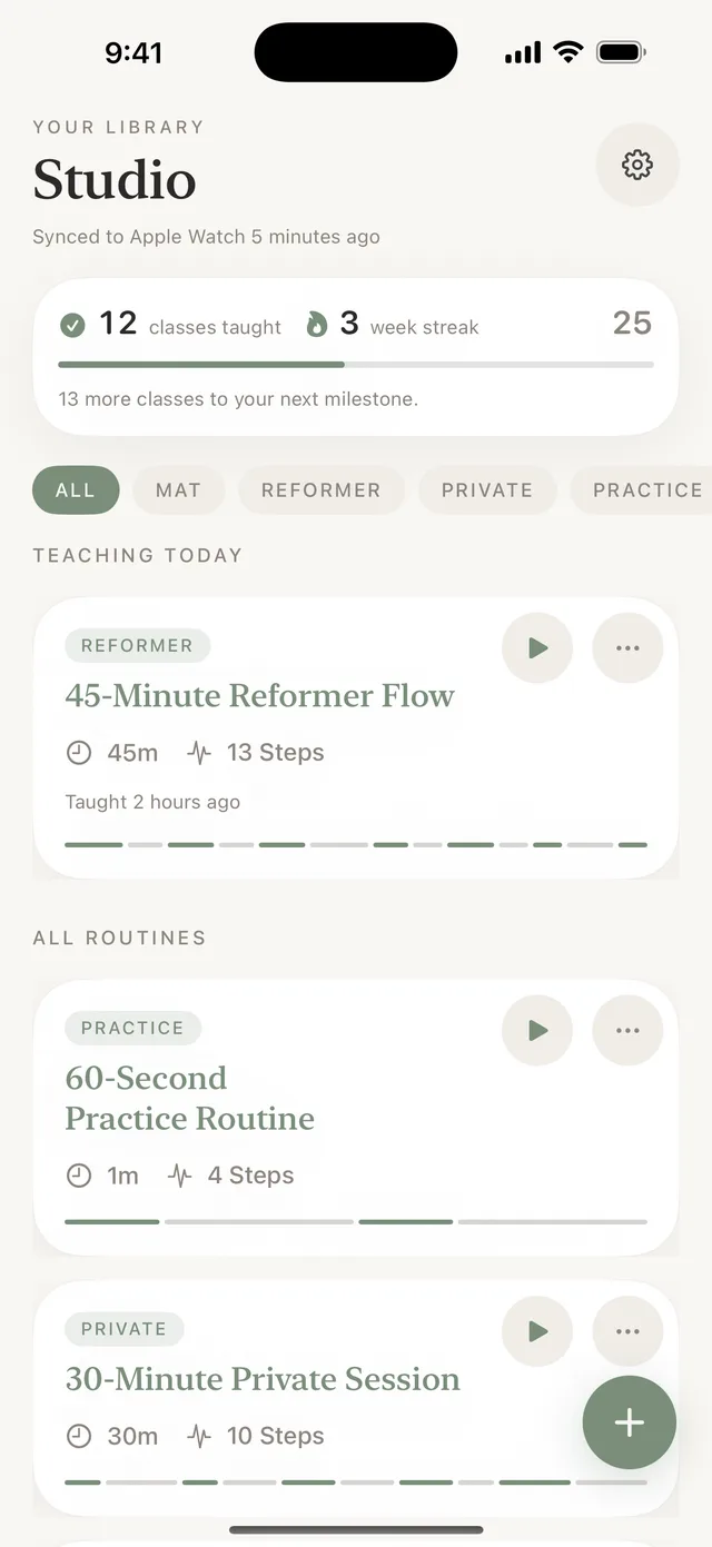 The Cadence library: classes taught, week streak, category filters, and routines for today