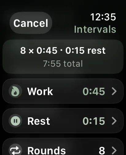 Quick Intervals on Apple Watch: 8 rounds of 0:45 work and 0:15 rest, 7:55 total