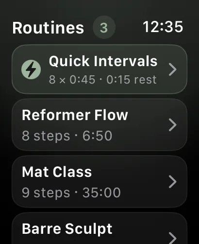 Cadence on Apple Watch listing routines: Quick Intervals, Reformer Flow, Mat Class, Barre Sculpt