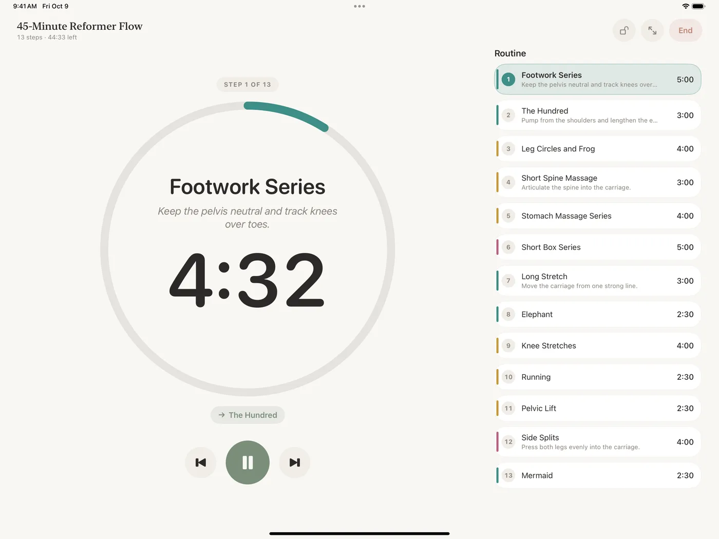 Cadence on iPad in landscape: the countdown and cue on the left, the full routine list on the right