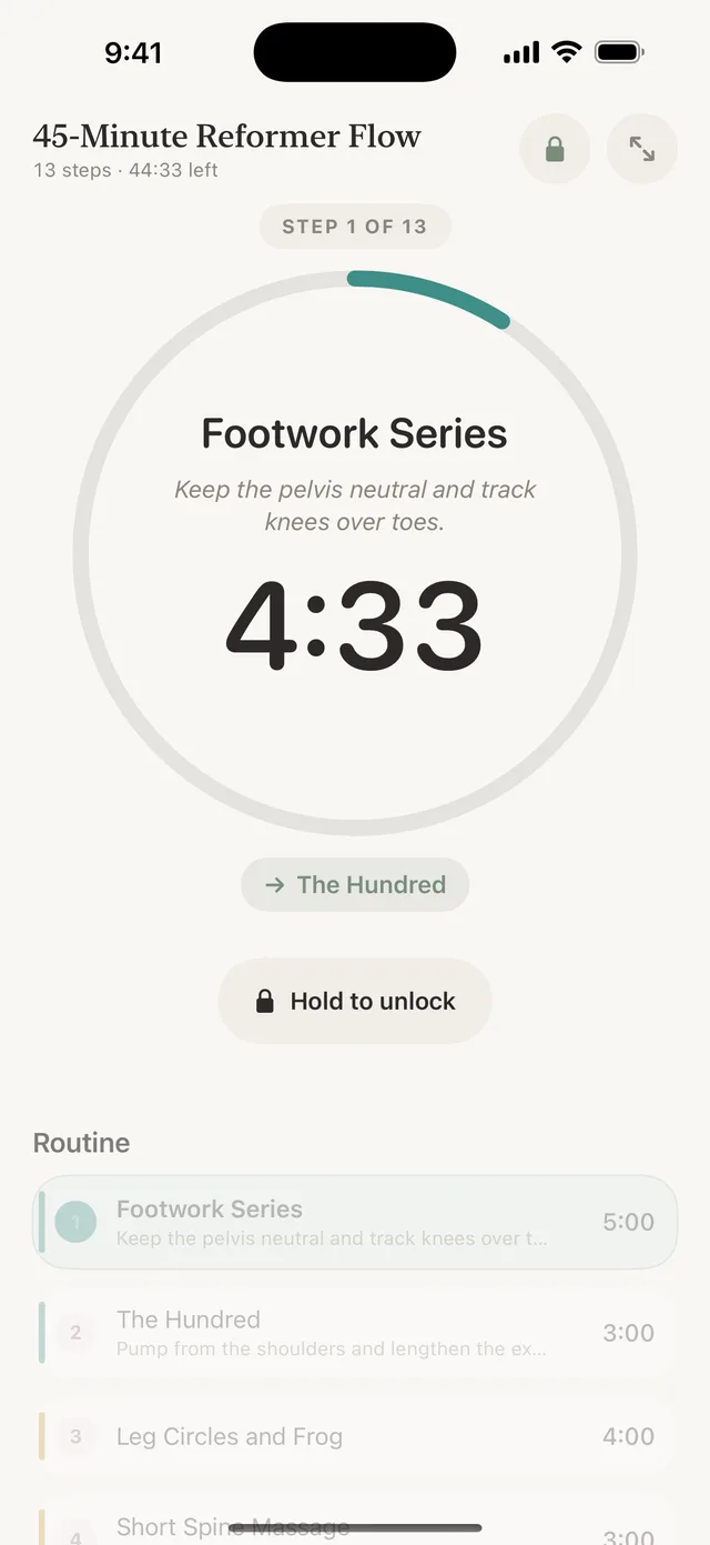 Cadence on iPhone with the screen locked: Footwork Series, 4:33 left, hold to unlock