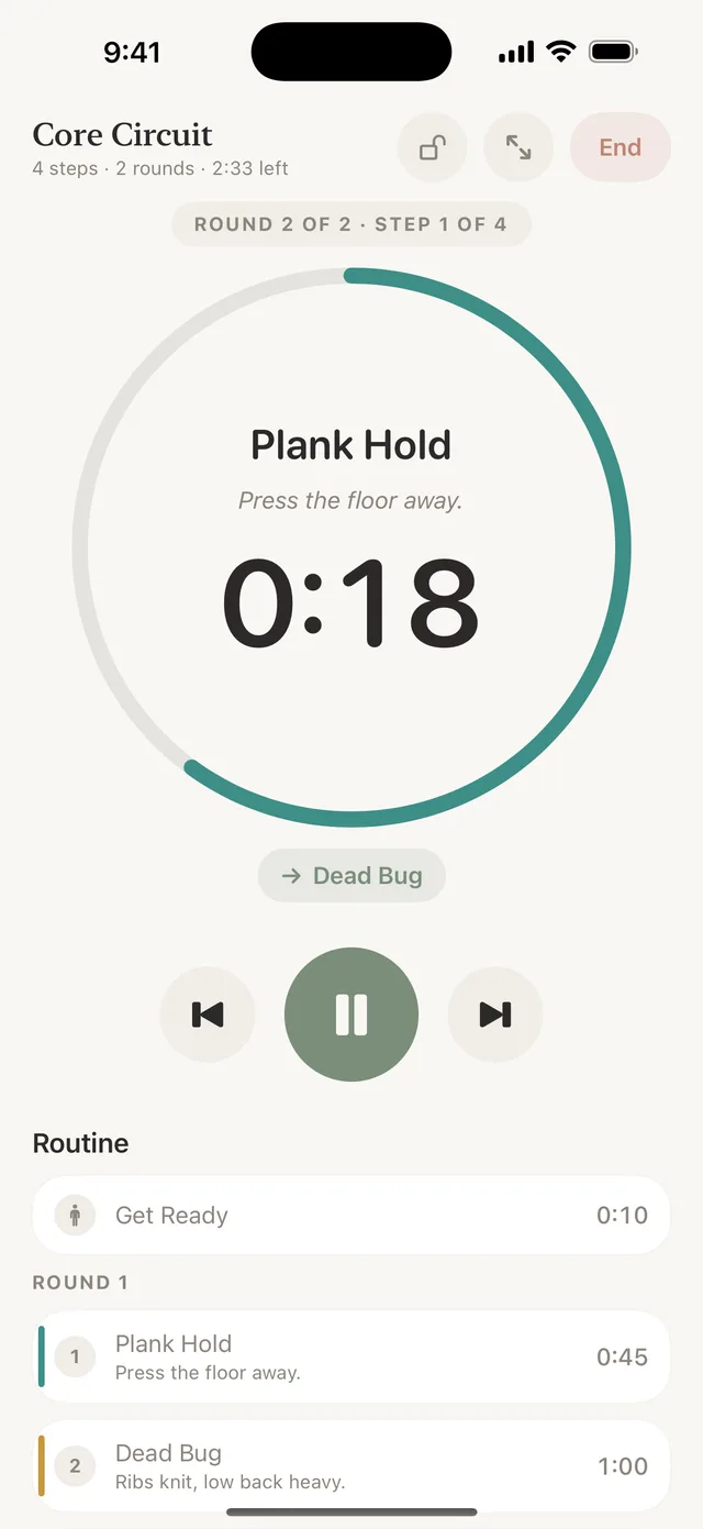 Cadence running Core Circuit: round 2 of 2, step 1 of 4, Plank Hold with 0:18 left