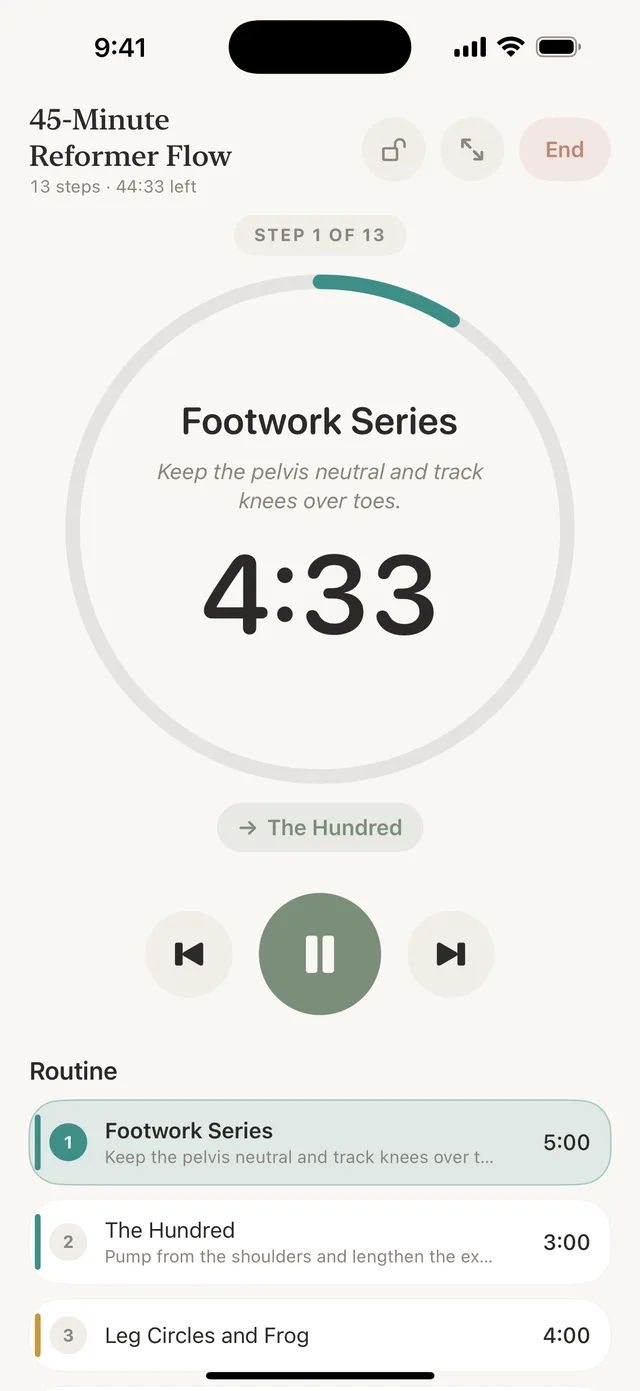 Cadence on iPhone running a 45-minute reformer flow: Footwork Series, 4:33 left, next up The Hundred