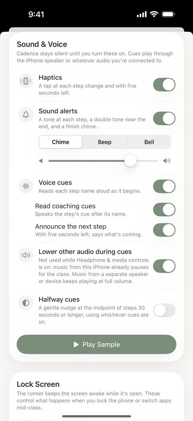 Sound and voice settings: haptics, sound alerts with chime, beep, or bell, voice cues, and halfway cues