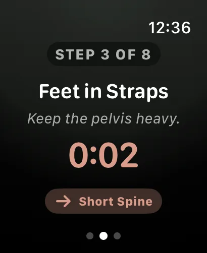 Apple Watch five seconds before a transition: Feet in Straps, 0:02 left in blush, next up Short Spine
